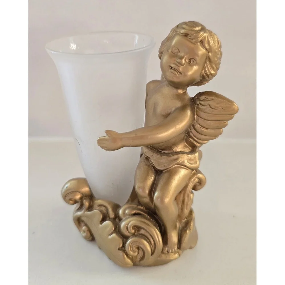Gold Cherub Angel Bud Vase Frosted Glass Insert Ornate Scroll Base Decor